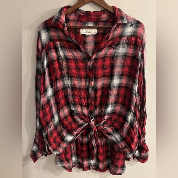 VINTAGE HAVANA Women’s Red Plaid Tie Front Button Down Shirt Size L - Picture 1 of 4